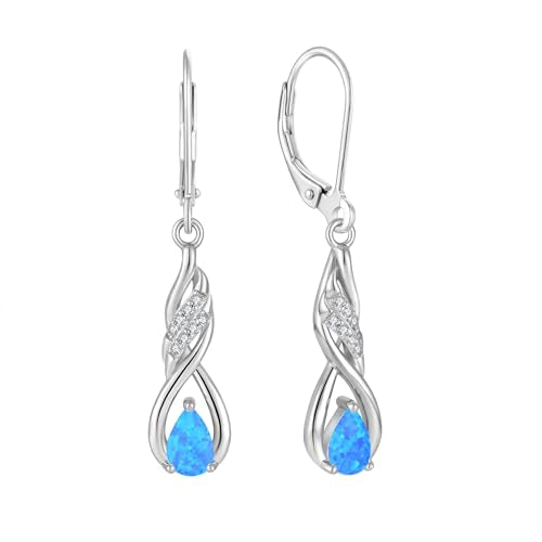 Created Opal Earrings 925 Sterling Silver Leverback Drop Dangle Earrings 5A Cubic Zirconia Jewelry for Women - color: C blue opal