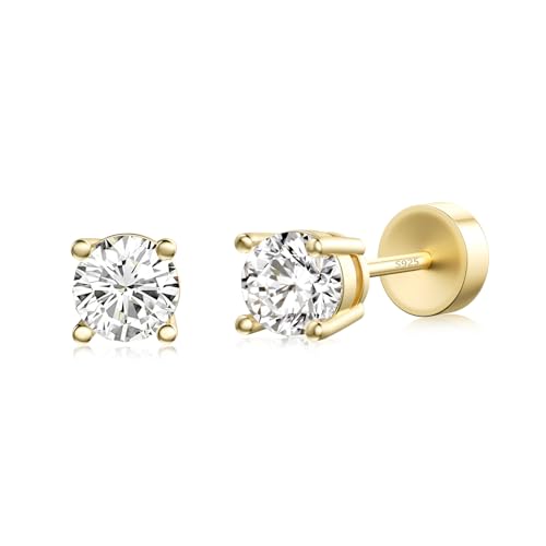 JIAYIQI Minimalist 925 Sterling Silver Stud Earrings Set, 14K Gold Plated Hypoallergenic Tiny Bar Dot Heart Star Studs for Women & Men - style: Gold-4mmCZ-Flatback-1 Pair