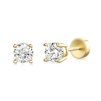 JIAYIQI Minimalist 925 Sterling Silver Stud Earrings Set, 14K Gold Plated Hypoallergenic Tiny Bar Dot Heart Star Studs for Women & Men - style: Gold-4mmCZ-Flatback-1 Pair