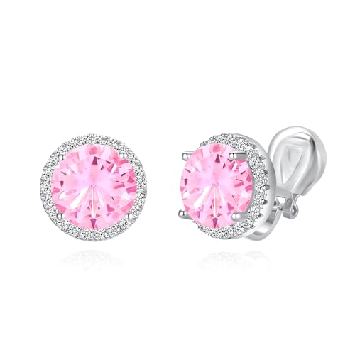 YOQUCOL 10MM Cubic Zirconia Crystal Clip On Stud Earrings Round Non Pierced Earrings for Women - color: Pink