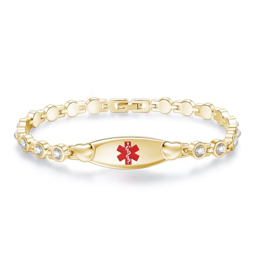 LinnaLove Fashion Shiny medical alert bracelet with Free Engraving Stainless steel Medical id bracelet for Women - color: Crystal heart-Gold