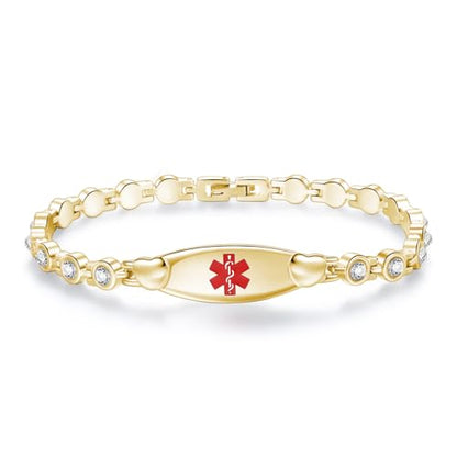 LinnaLove Fashion Shiny medical alert bracelet with Free Engraving Stainless steel Medical id bracelet for Women - color: Crystal heart-Gold
