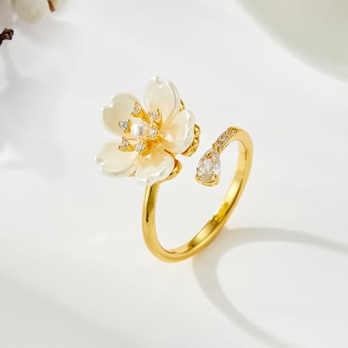 Kokoma Dainty Flower Ring for Women Sparkling Cubic Zirconia Daisy Open Statement Rings Pearl Chic Engagement Promise Ring Wrap Finger Band - color: Baroque