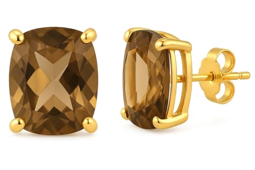 Women's 18K Gold Plated 8x10mm Princess Cut Gemstone Stud Earrings – Birthstone Jewelry for Her – Classic Cushion Studs - color: Smoky Quartz