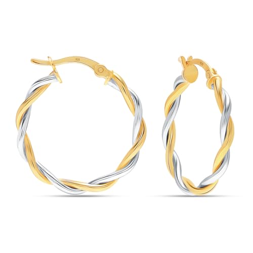 LeCalla Real 925 Sterling Silver Textured Two-Tone Three-Tone 14K Gold Plated Lightweight Italian Design Hoop Earrings for Women Diameter 25,30,40,45,50mm - color: Two-Tone Small-30mm