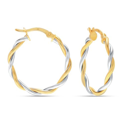 LeCalla Real 925 Sterling Silver Textured Two-Tone Three-Tone 14K Gold Plated Lightweight Italian Design Hoop Earrings for Women Diameter 25,30,40,45,50mm - color: Two-Tone Small-30mm