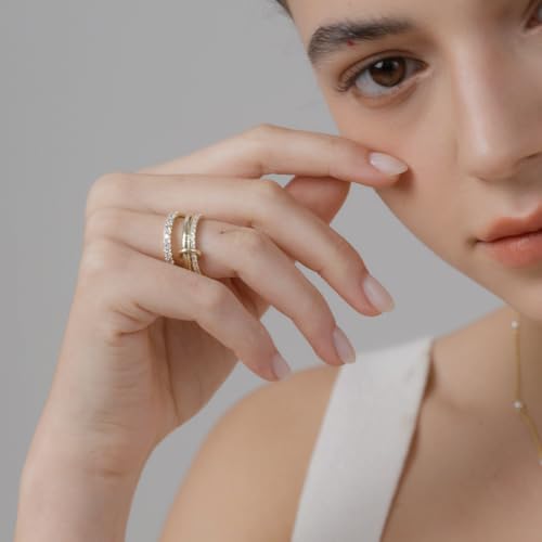 MINDDHA 14K Gold Plated Interlocked Stackable Rings for Women - Statement Multi Ring Stack - Cubic Zirconia Two-Toned Stackable Bands Stacking Jewelry 3 Row Size 4-12 - color: Thin Band&CZ Gold