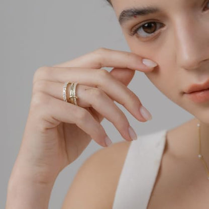 MINDDHA 14K Gold Plated Interlocked Stackable Rings for Women - Statement Multi Ring Stack - Cubic Zirconia Two-Toned Stackable Bands Stacking Jewelry 3 Row Size 4-12 - color: Thin Band&CZ Gold