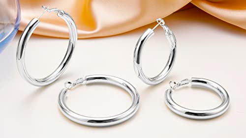 sovesi Chunky Hoop Earrings for Women, 14K Gold Plated Thick Hoops | 5mm Thick Hollow Tube Chunky Lightweight Hypoallergenic Hoop Earrings for Women - style: Silver 50MM