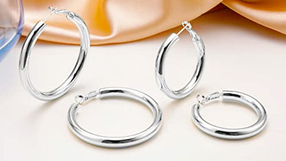sovesi Chunky Hoop Earrings for Women, 14K Gold Plated Thick Hoops | 5mm Thick Hollow Tube Chunky Lightweight Hypoallergenic Hoop Earrings for Women - style: Silver 50MM