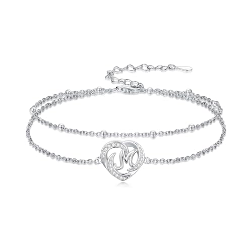 Dorunmo Initial Anklet 925 Sterling Silver Letter A-Z Layered Heart Anklet Beach Jewelry Birthday Gifts for Women - color: M