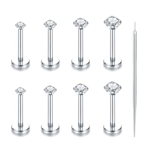 Oveta Threadless Push in Lip Rings 16G/18G/20G Labret Jewelry CZ Lip Studs Stainless Steel Cartilage Earrings for Women Monroe Medusa Piercing Jewelry 6/7/8/10/12mm Bar Length - color: Silver, size: 18G*8mm bar*1.5/2/2.5/3mm cz