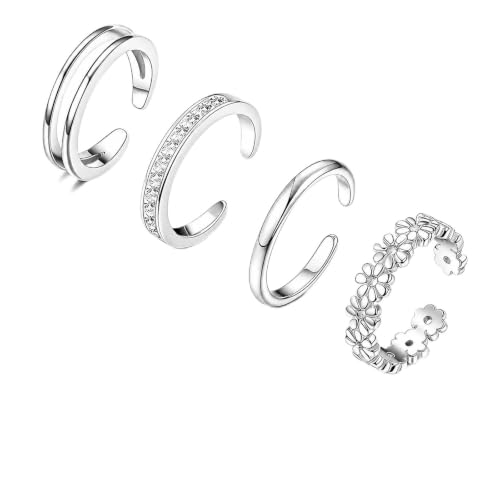 925 Sterling Silver Toe Rings Set for Women – Minimalist 14K Gold Plated Open Adjustable Bands, Simple Beach Foot Jewelry for Summer - color: Silver-flower set