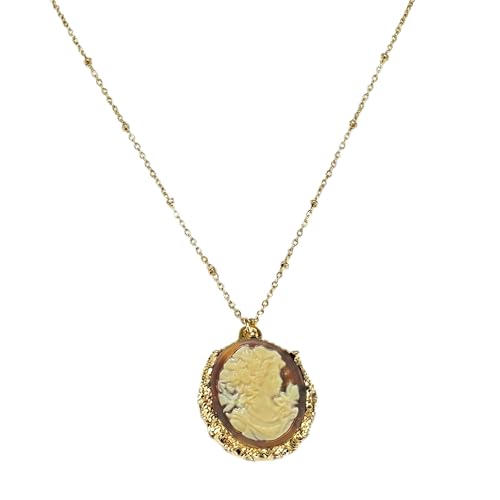 Gold-Plated Victorian Necklace - Vintage Cameo Pendant with Amber Background - Classic Bead Chain Design - Gift Box Included - color: Amber