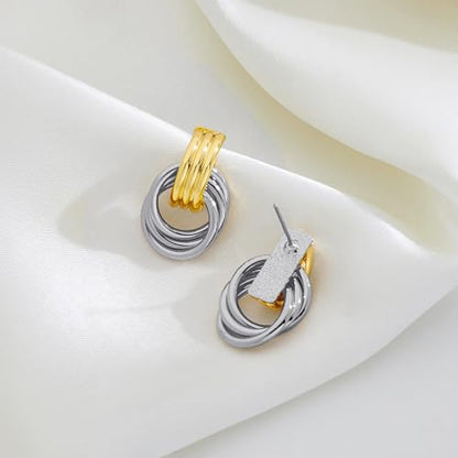 Gold Chunky Earrings for Women Geometric Knot Link Drop Dangle Earrings 14K Gold Plated Statement Earrings Trendy Gold Jewelry - color: Style 8-Two Tone