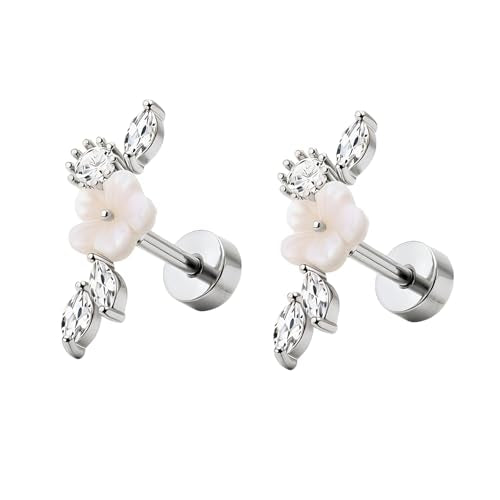 Stainless Steel Flower Pearl CZ Ear Crawler Earrings for Women, 1 Pair 16G Mother of Pearl Cubic Zirconia Screw Back Flat Back Stud Earrings, Dainty Sparkly Hypoallergenic Jewelry for Sensitive Ears - color: Silver