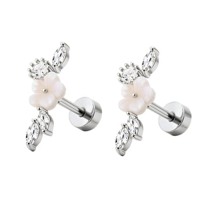 Stainless Steel Flower Pearl CZ Ear Crawler Earrings for Women, 1 Pair 16G Mother of Pearl Cubic Zirconia Screw Back Flat Back Stud Earrings, Dainty Sparkly Hypoallergenic Jewelry for Sensitive Ears - color: Silver