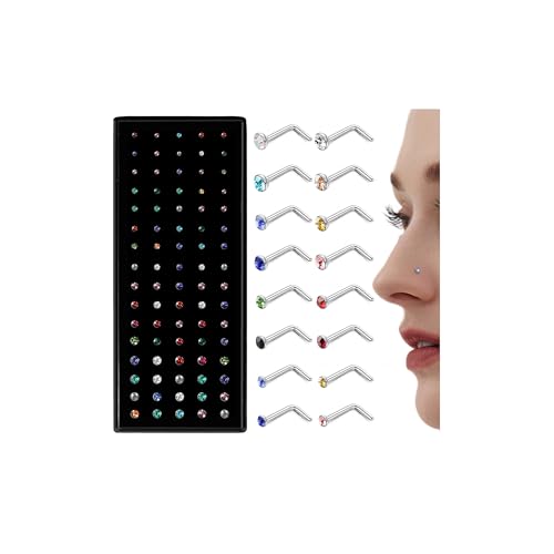 LOLIAS 80-160Pcs Surgical Steel Nose Rings Studs for Women Hypoallergenic | Straight or L Shaped Small Nose Studs Pin,Hypoallergenic 20G 22G Tiny Bone Nose Piercing Jewelry, 1.5/2/2.5/3 mm CZ Mix - color: 80Pcs 20G L shaped（multicolor）