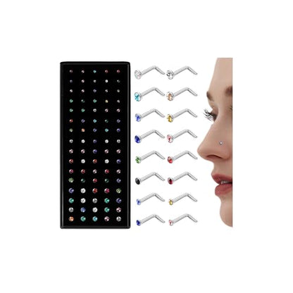 LOLIAS 80-160Pcs Surgical Steel Nose Rings Studs for Women Hypoallergenic | Straight or L Shaped Small Nose Studs Pin,Hypoallergenic 20G 22G Tiny Bone Nose Piercing Jewelry, 1.5/2/2.5/3 mm CZ Mix - color: 80Pcs 20G L shaped（multicolor）