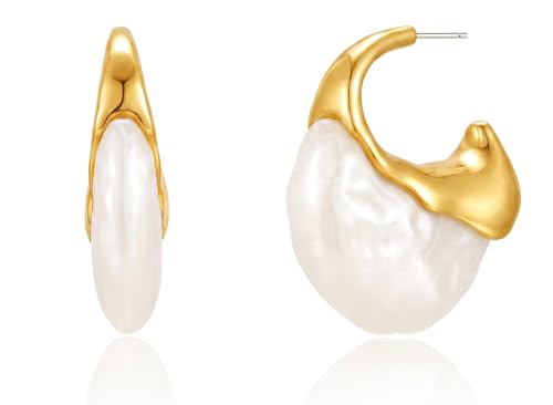 Chunky Statement Earrings for Women - 14K Gold Plated Vintage Design Trendy Earrings, Hypoallergenic Resin Hoop Earring, Gold Jewelry Personalized Anniversary Birthday Gifts - color: White