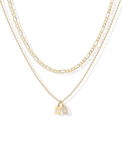 PAVOI Initial Necklace for Women, 14K Gold Plated Double Dog Tag CZ Pendant | Dainty Necklace, Letter Tag Necklace, Cubic Zirconia Pendant, Box Chain Necklace - style: - W