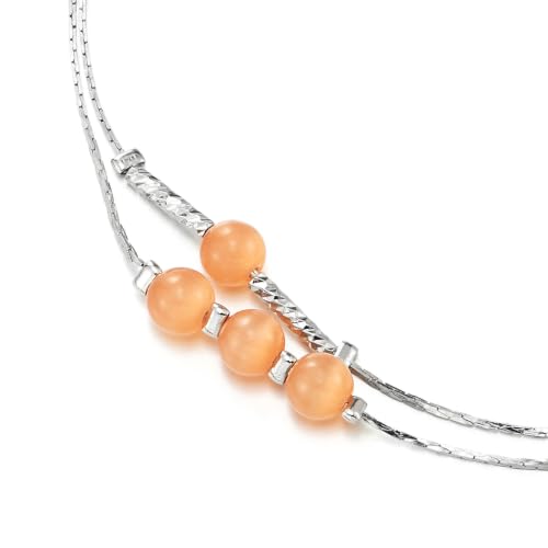 Women's Silver Double Strand Anklet with Peach Bead Accent Jewelry | Two Slim Strands with Soft Peach Beads, Lobster Clasp and Extender, Delicate Layered Ankle Style for Everyday Wear
