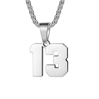 Susook Number Necklace for Boy Black Athletes Number Stainless Steel Chain 00-99 Number Charm Pendant Personalized Sports Jewelry for Men Basketball Baseball Football - color: Silver, style: 13