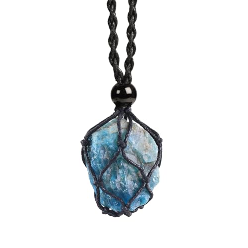 weryerker Natural Gemstone Pendant Necklace Healing Crystal Stone Pendant with Hand-Woven Rope Adjustable for Women Men - color: 1PC Blue apatite