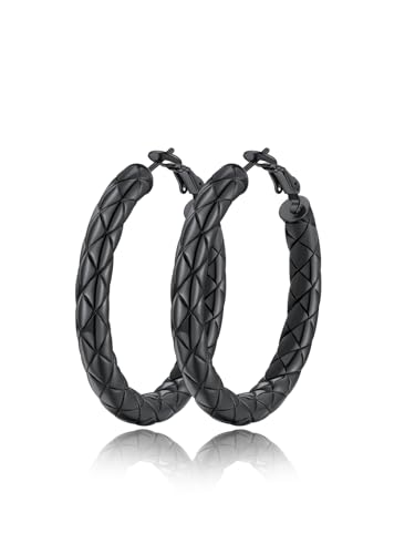 FindChic Chunky Hoop Earrings for Women, Silver/Black/14K Gold Plated Crossover Patterned Hollow Tube Rounded Loop Earrings, 30mm/40mm/60mm/80mm Hoops with Custom Name Options and Gift Box - color: a.Black, size: 40MM