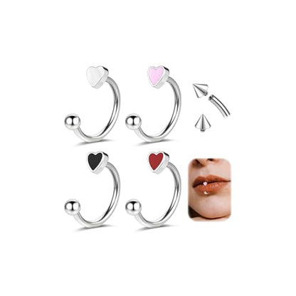 ZS 4Pcs Stainless Steel Heart Lip Rings Hoops Piercing, 16G C-shape U-shape Lip Rings, Internally Threaded Cartilage Helix Daith Earrings Jewelry for Women Men - color: C-shape Lip Rings, size: diameter:10mm