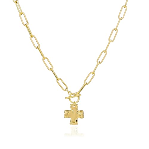Chunky Cross Necklace for Women Trendy 14K Gold Silver Plated Statement Big Cross Pendant Paperclip Chain Charm Necklaces Religious Faith Easter Basket Stuffers Baptism Costume Jewelry Gift - color: Gold-Toggle-0.8 inch pendant