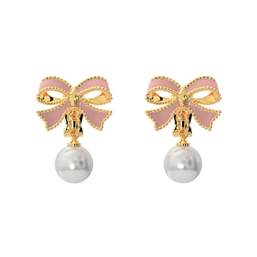 Simulated Pearl Clip On Stud Earrings - style: Pink Bow with Dangling Pearls