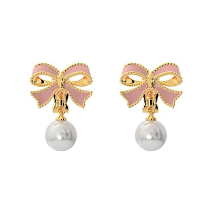 Simulated Pearl Clip On Stud Earrings - style: Pink Bow with Dangling Pearls