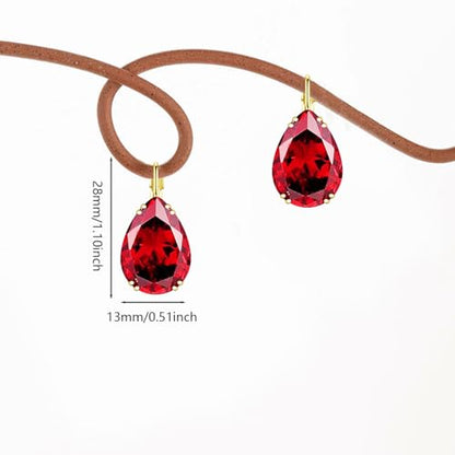 14K Gold Teardrop Crystal Leverback Earrings Sparkly Rhinestone Water Droplet Dangle Drop Earrings For Women - color: Red