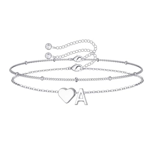 M MOOHAM Initial Bracelets for Women Teen Girls - Heart Letter A-Z Bracelet | Dainty 14K Gold Plated Jewelry, Heart Initial Bracelet, Bracelets for Women Girls Trendy, Birthday Gifts for Women Girls Her - color: Silver - A