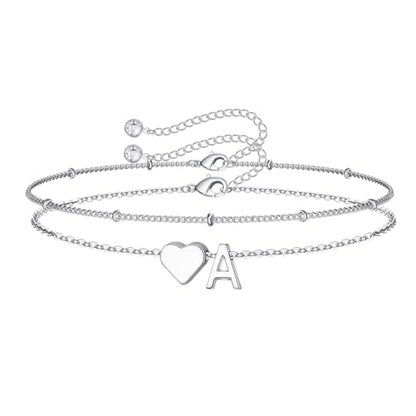 M MOOHAM Initial Bracelets for Women Teen Girls - Heart Letter A-Z Bracelet | Dainty 14K Gold Plated Jewelry, Heart Initial Bracelet, Bracelets for Women Girls Trendy, Birthday Gifts for Women Girls Her - color: Silver - A