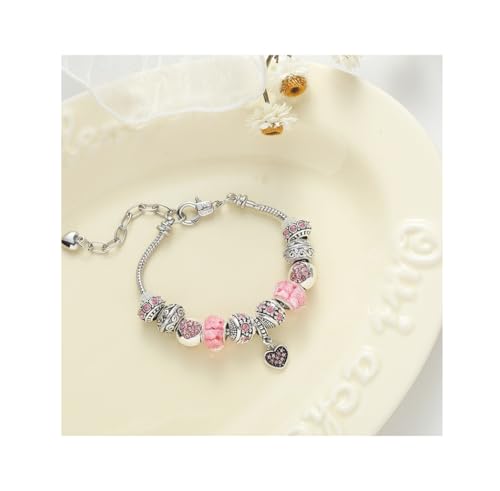 Pink Hearts Silver Plated Charm Bracelet, DIY Jewelry for Women with Beads, Charms, and Adjustable Snake Chain, Fits 7.5"+1.5" - color: Pink, size: 19cm