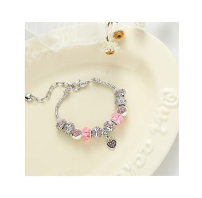 Pink Hearts Silver Plated Charm Bracelet, DIY Jewelry for Women with Beads, Charms, and Adjustable Snake Chain, Fits 7.5"+1.5" - color: Pink, size: 19cm