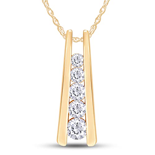 Five Stone Journey Bar Pendant Necklace Women 925 Sterling Silver 1.25 CT | Round Moissanite or Lab Grown Diamond, 14K Gold Over Sterling Silver With 18" Chain - color: Moissanite