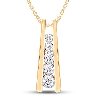 Five Stone Journey Bar Pendant Necklace Women 925 Sterling Silver 1.25 CT | Round Moissanite or Lab Grown Diamond, 14K Gold Over Sterling Silver With 18" Chain - color: Lab Grown Diamond