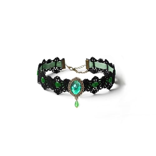 Gothic Lace Choker Vampire Necklace for Women,Black Lace Red Crystal Pendant Necklaces for Halloween,Goth Black Necklace Jewelry Witch Costume Vampire Accessories - style: Style Green