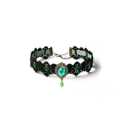 Gothic Lace Choker Vampire Necklace for Women,Black Lace Red Crystal Pendant Necklaces for Halloween,Goth Black Necklace Jewelry Witch Costume Vampire Accessories - style: Style Green