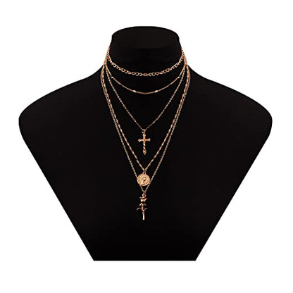 PLOUTOS Cross Coin Rose Layered Multi Chain Choker Necklace Set For Women Rhinestone Gold Silver Five Layer Adjustable Statement Fashion Chunky Boho Punk - color: Gold