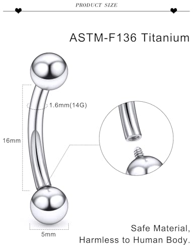 20G 18G 16G 14G 12G 8G 6G 4G 2G Astm F136 Titanium Internal Thread Eyebrow Piercing Jewelry Curved Barbell Vertical Labret Lip Daith Rook Earrings Navel Belly Button Ring Piercing Jewelry - style: 14G, 16MM Length, Ball
