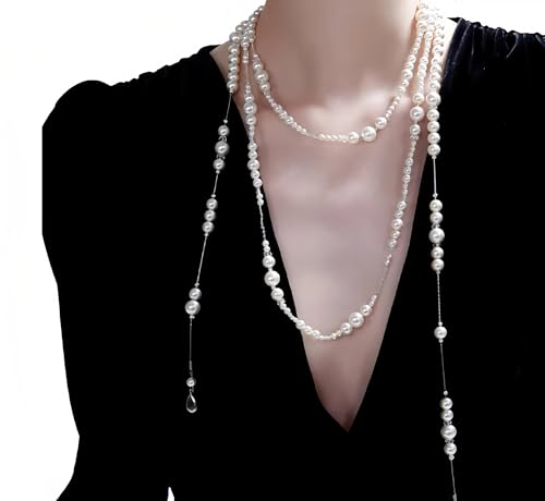 Layered Pearl Choker Necklace for Women Long Pearl Tassel Necklaces Multi Strand Pearl Necklaces Faux Pearl Necklace Wedding Jewelry - color: Pearl Strand