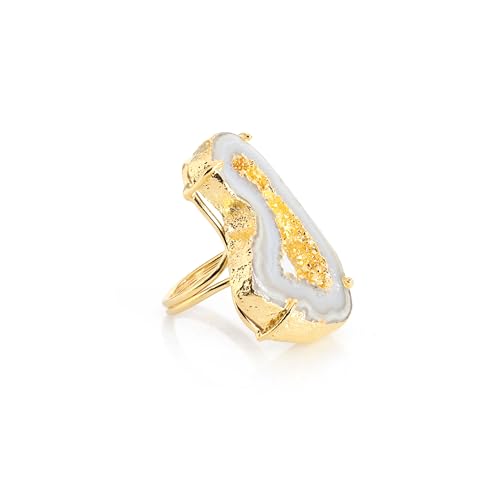 Ring Geode Druzy Slice Unique And Stylish Statement Gold Plated Jewelry Natural Gemstone Stone size 25-35 mm Approximately Adjustable Shank US Scale Size 6-9 - color: White