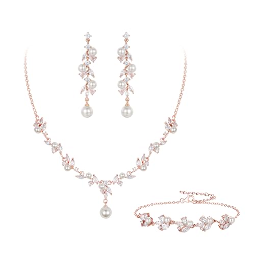 EleQueen Women's Simulated Pearl Wedding Jewelry Set for Brides | Cubic Zirconia Necklace Earrings Bracelet Set for Brides Bridesmaids, Bridal Jewelry Set for Anniversary/Memorial Day - style: Pearl Necklace Earrings Bracelet Rose Gold-Tone