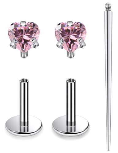 20G 18G 16G Astm F136 Titanium Internal Thread Flat Back Earrings Nose Studs Tragus Helix Conch Cartilage Lobe Earrings Medusa Labret Snake Bite Monroe Lip Ring Piercing Jewelry For Women Men - color: Pink, size: 16G-6MM Bar-CZ 3MM