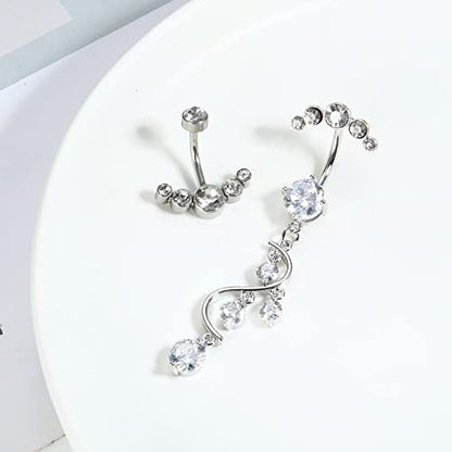 Crystal Belly Button Ring for Women Unique 14G 316L Stainless Steel Dangle Belly Rings Belly Piercing Jewelry Navel Barbell Bling Crystals Body Jewelry - style: long dangle