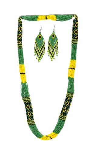 Layered – Boho Native American Style Layered Beaded Necklace– Ukrainian beaded Necklace Native Handmade Seed Bead Necklace Tribal ethnic beaded Necklace for Women (Tuquoise) - color: Green & Yello